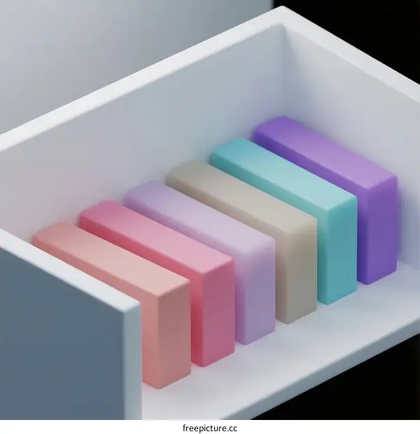 Colorful rectangular objects arranged in a white drawer