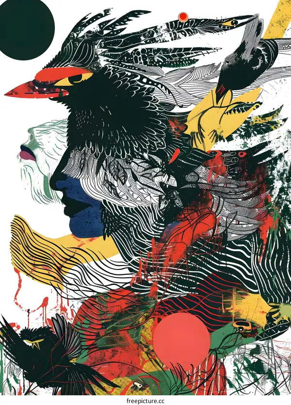 Abstract Art with Birds and Faces in Black, White, Red, Yellow and Blue Colors