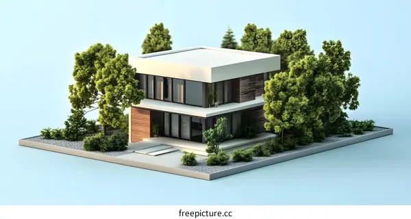 Modern House 3D Model with Green Trees