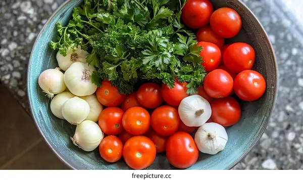 Bowl of Red and Yellow Tomatoes, Shallots, and Parsley