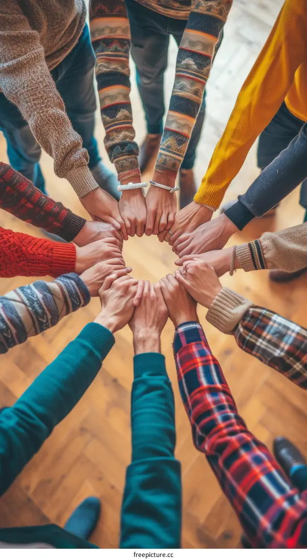 Multiethnic group of people joining hands together in unity and support