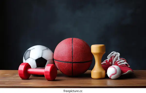 Sports Equipment Collection on Wooden Table