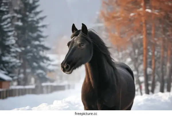 Black Horse in Snowy Winter Landscape
