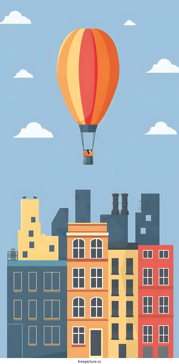 Hot Air Balloon Flying Over City Buildings Illustration