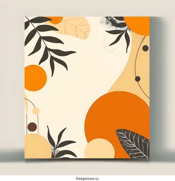 Abstract Minimalist Geometric Art Print with Orange Leaves and Circles