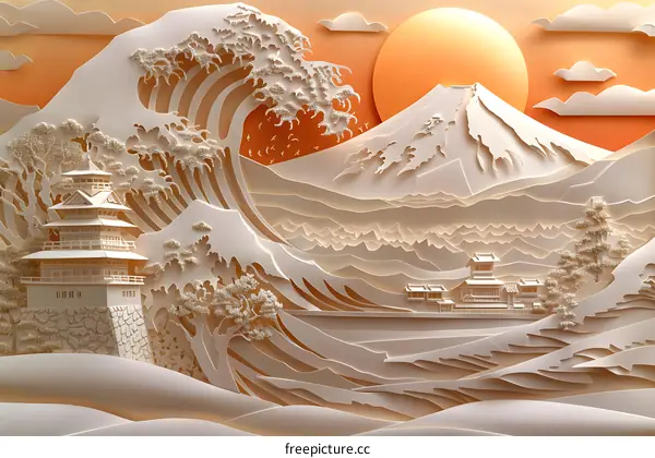 Paper Cut Landscape with Mountain and Wave