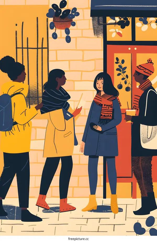 Four People Chatting on a City Street Illustration
