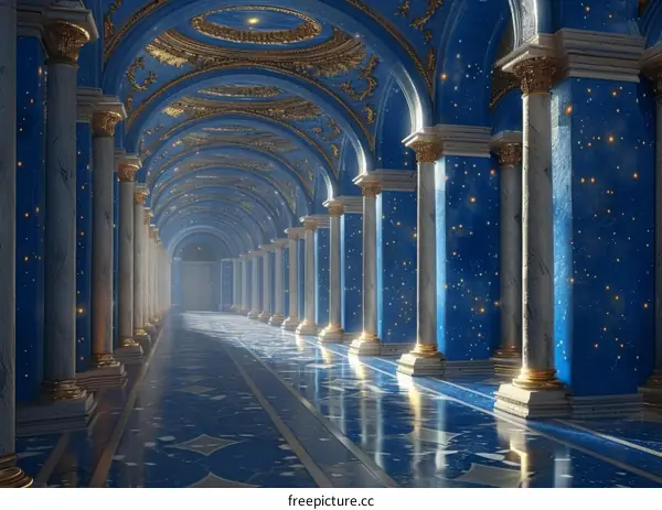 Celestial Palace Corridor with Azure and Gilded Hues & Marbled Floors
