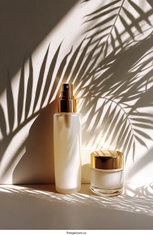 Elegant Skincare Products Under Palm Leaf Shadows
