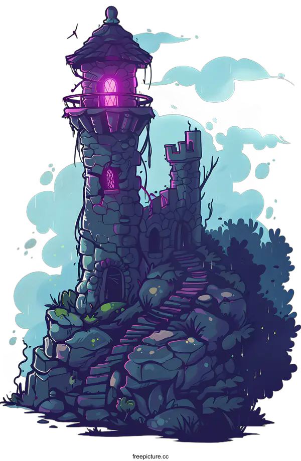 [Transparent Background PNG]Fantasy Stone Tower Illustration With Purple Window
