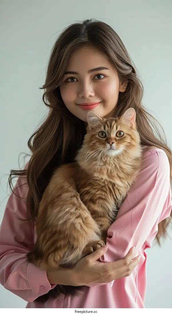 A young woman is holding a cat in her arms. The cat is looking at the camera.