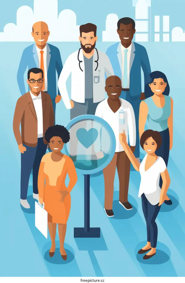 Group of diverse people holding a magnifying glass with a heart inside