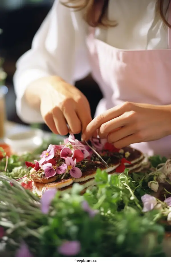 woman decorating cake with flowers
