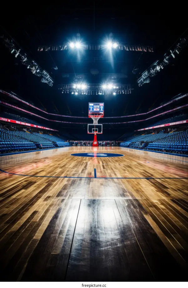 Empty Basketball Court with Wooden Floor and Bright Lights