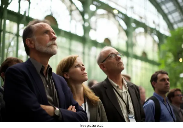 A group of people are looking at something in a building with a glass roof
