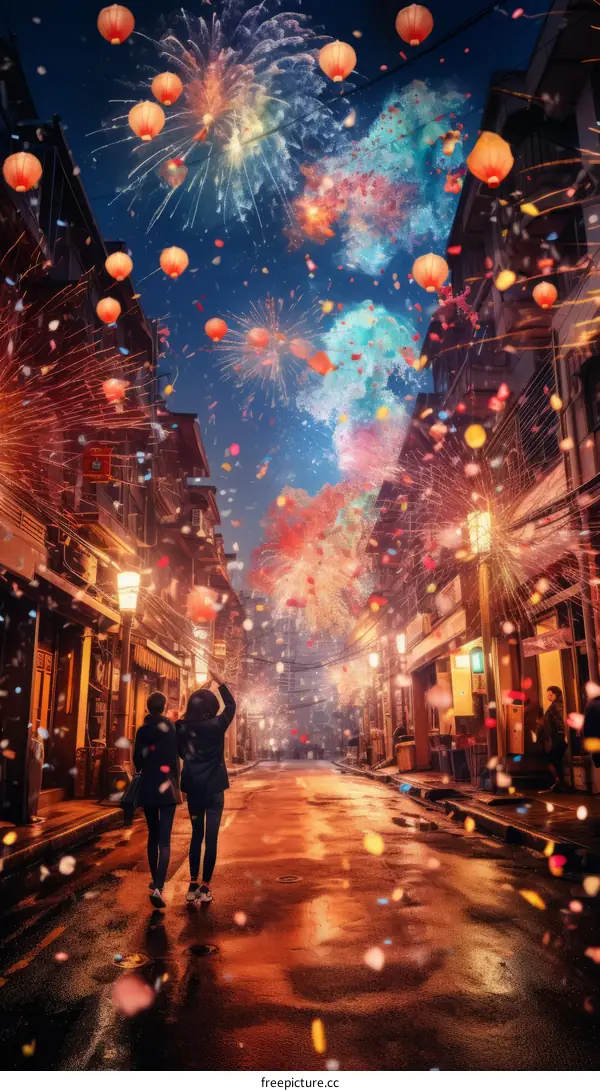 Couple Holding Hands and Watching Fireworks at a Street Festival