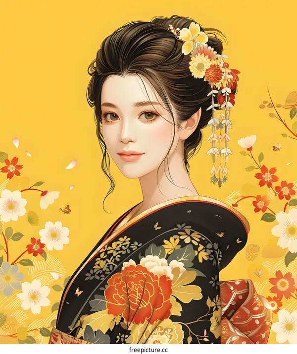 A beautiful Japanese woman in a kimono with a floral pattern