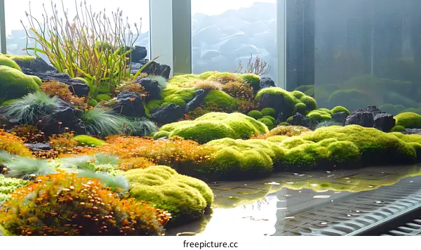 Green Moss Covered Rocks and Plants in a Minimalist Indoor Garden