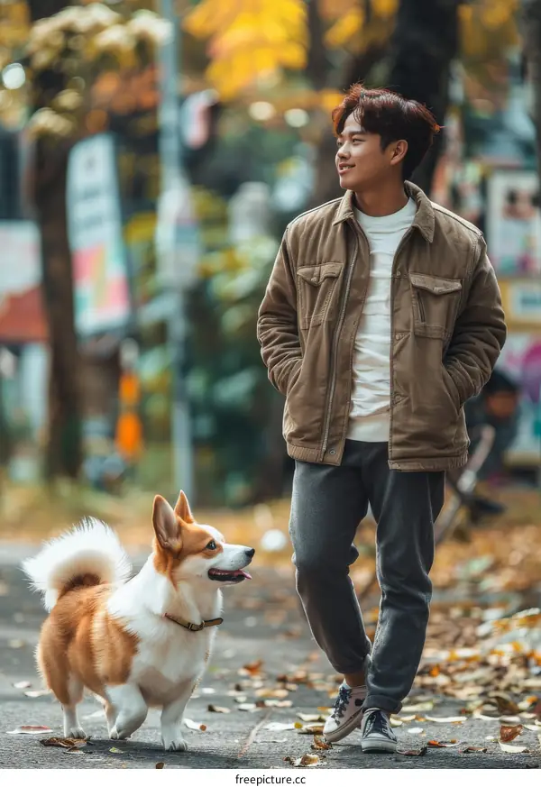 A young man walking his dog in the park