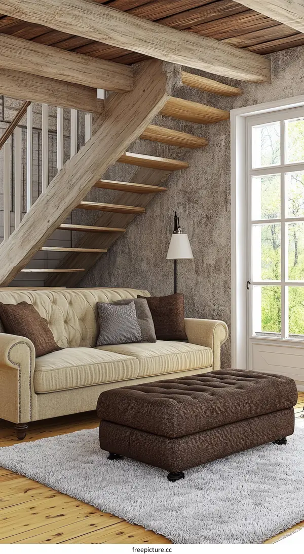 Rustic Living Room with Wooden Staircase