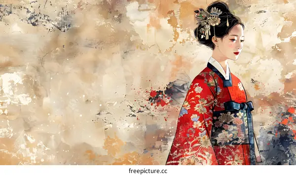 A beautiful illustration of a Korean woman in a traditional dress, with a watercolor background.