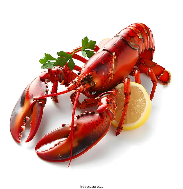 A red lobster on a white background with parsley and lemon