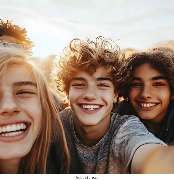 Group of Happy Friends Taking Selfie Together