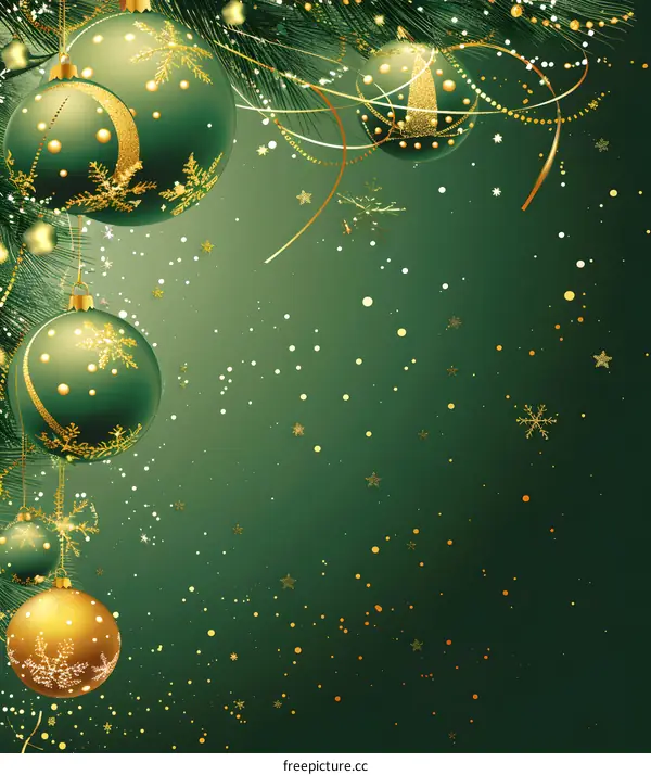 Christmas background with green and gold ornaments