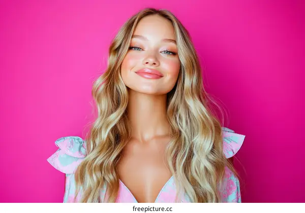 Beautiful Blonde Woman in Fashionable Dress against Pink Background