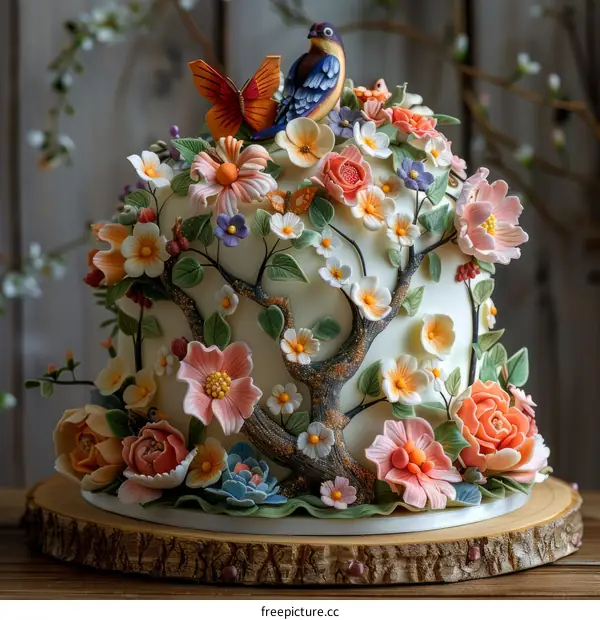 A beautiful cake decorated with flowers, leaves, and a bird
