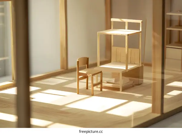 Wooden Miniature Model of a House with a Chair and Table