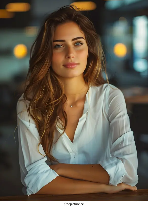 portrait of a beautiful young woman with long brown hair and blue eyes
