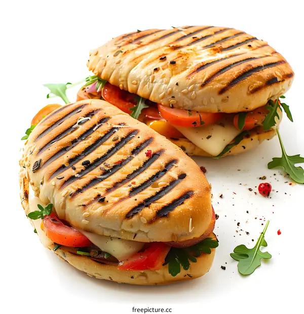 Two halves of sandwich with tomato, cheese and herbs on white background
