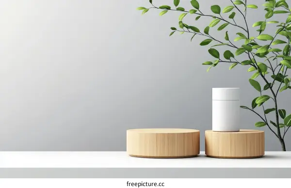 Empty White Product Display on Wooden Pedestal with Greenery