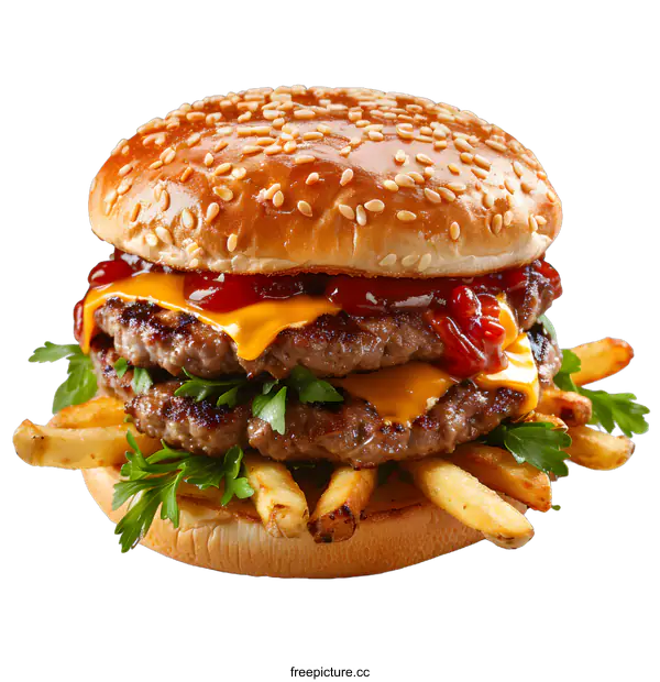 [Transparent Background PNG]A delicious double cheeseburger with fries