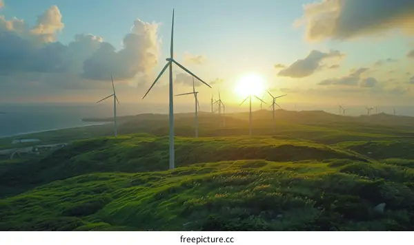 Wind turbines on a green hill with sunset in the background