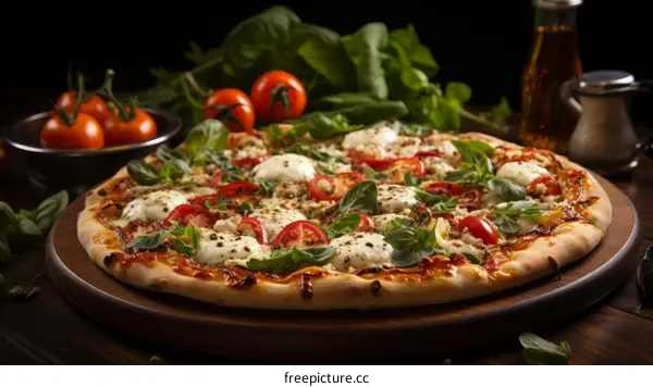 A delicious pizza with fresh basil, tomatoes, and mozzarella cheese