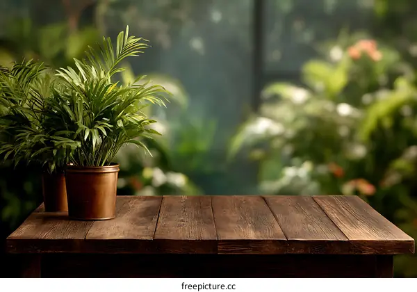 Wooden Table with Plants in a Botanic Garden Background