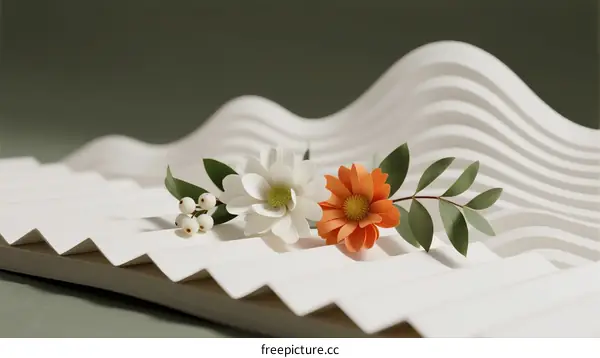 Paper Craft Flowers on Wavy White Abstract Background