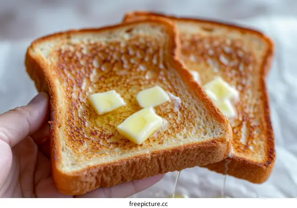 A hand holding two slices of toast with butter.