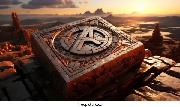 The Avengers Symbol Emblazoned on an Ancient Block in the Desert at Sunset