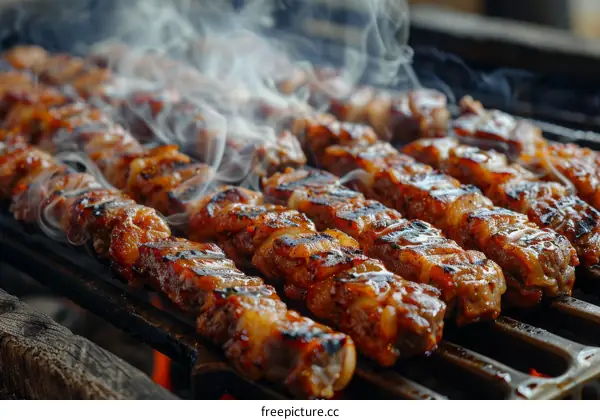 Delicious and juicy beef skewers grilled on an open fire