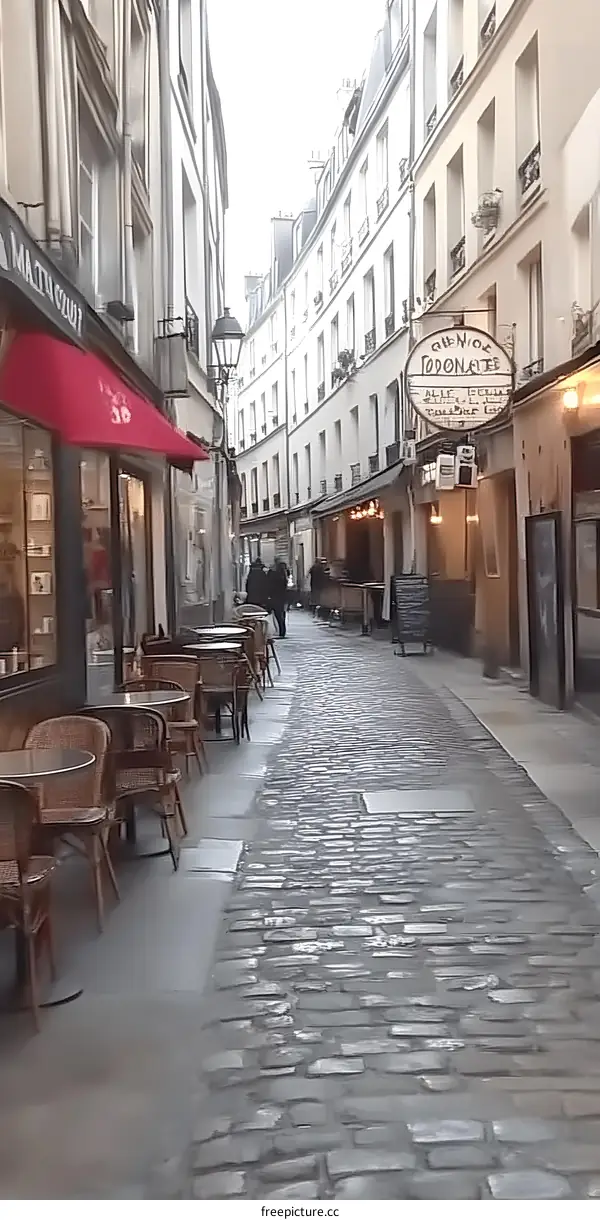 Cobblestone Street in Paris with Outdoor Seating