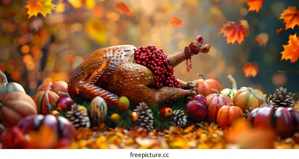 Thanksgiving turkey with pumpkins and fall leaves