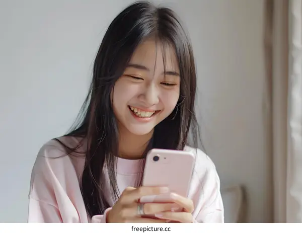 Smiling Asian Woman Using Smartphone
