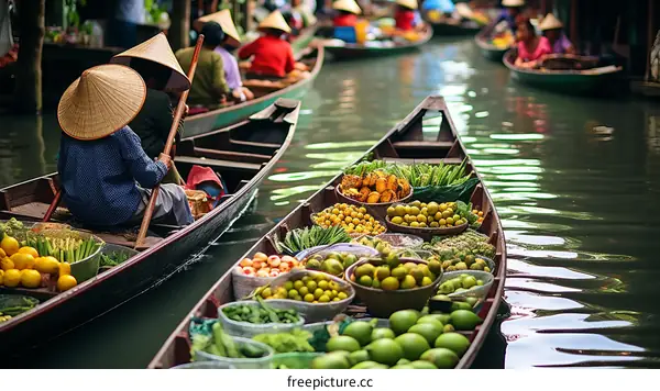 Floating market in Thailand with boats full of fresh fruits and vegetables