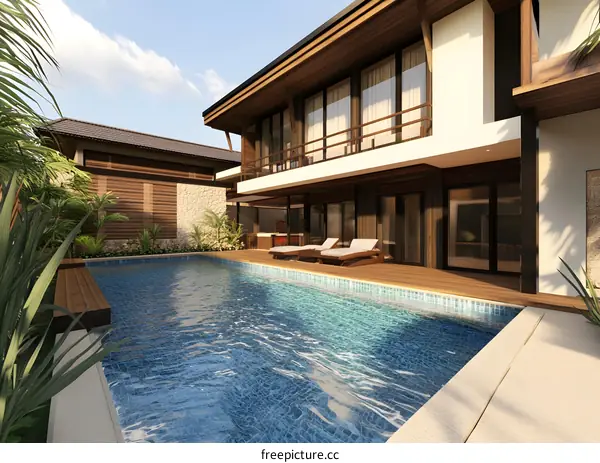 Modern House with Swimming Pool and Tropical Plants