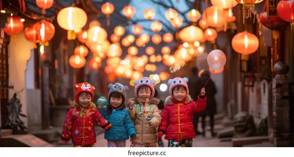 Four Young Chinese Girls Walking Through Lantern Lit Street