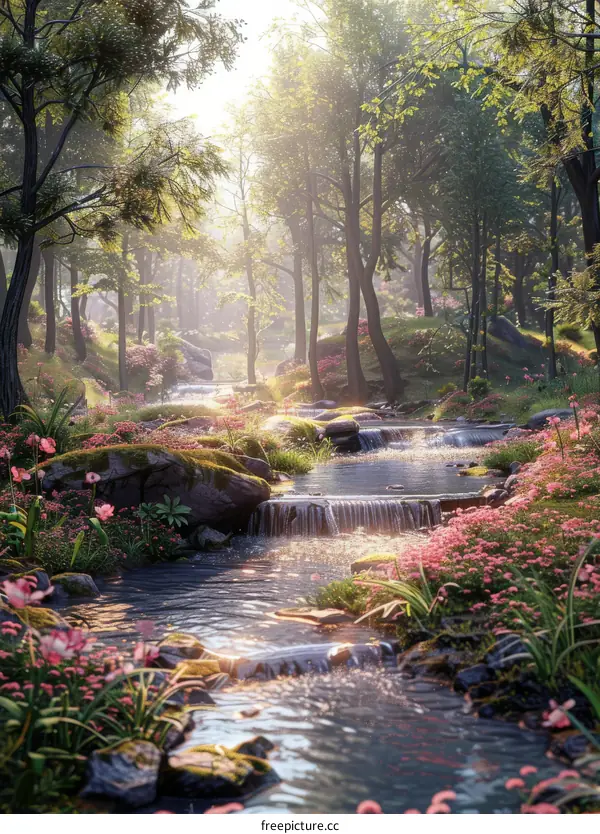 Sunlight through Forest, Stream through Rocks and Flowers