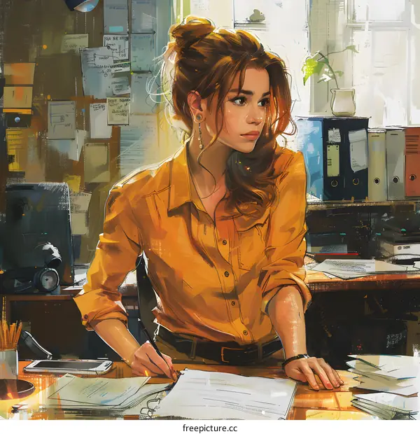 A woman in a yellow shirt is working at her desk.